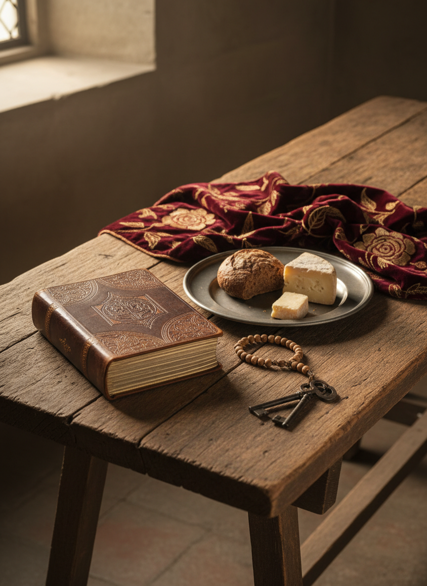A meticulously detailed spread of Tudor-era objects arranged on a rough-hewn wooden trestle table: a leather-bound prayer book with gilded page edges slightly open, a pewter plate holding dark bread and hard cheese, a small wooden rosary, and a folded length of richly embroidered velvet in deep crimson and gold. A pair of iron keys lies near the edge, hinting at locked chambers and private lives. Soft, diffused daylight enters from the left as if through a leaded-glass window, creating gentle highlights on metal and velvet. Photographic realism with a slightly elevated, three-quarter view and careful rule-of-thirds placement creates a balanced, sophisticated still-life that evokes everyday life woven with faith and hierarchy in Tudor society.
