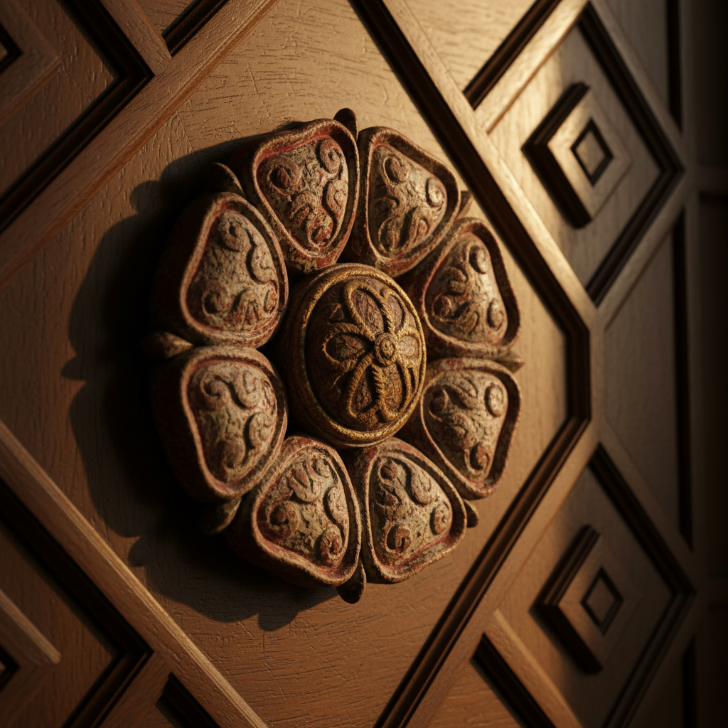 An ornate Tudor rose emblem carved into dark, age-worn oak, each petal delicately sculpted and painted in faded red and white, the paint cracked and softened by time. The emblem is set into a wooden panel wall with intricate geometric patterns, softened by centuries of polish. Golden late-afternoon light filters in from an unseen window, grazing the carving at a low angle and revealing its texture with fine highlights and long shadows. The photographic image is framed tightly around the rose, using a slightly angled close-up composition to emphasize craftsmanship and symbolism, with the background gently blurred. The mood is reverent and scholarly, suggesting the layered politics and identity of Tudor England.