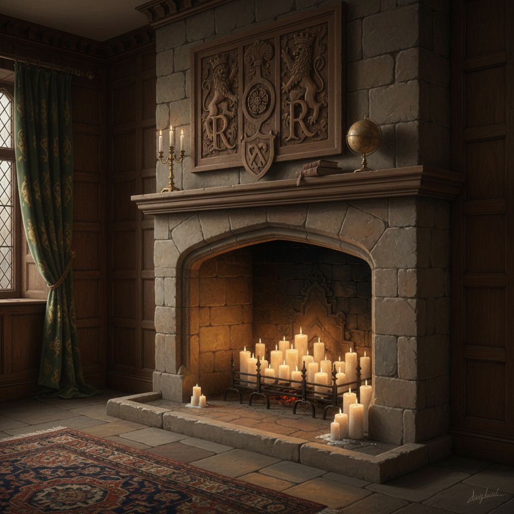 A historically-inspired Tudor stone fireplace lit by warm candlelight, with carved oak panelling and period-appropriate details, in the same soft, atmospheric style as the other Resources page images.