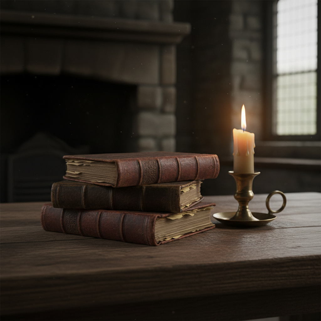 A square, atmospheric image of a small stack of worn Tudor-era books from the 1500s on a heavy wooden table, lit by warm candlelight, with rich textures and a moody, historical feel that matches the History by Candlelight aesthetic.