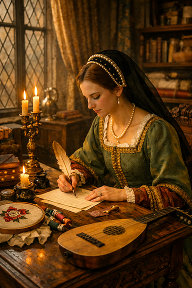 Tudor lady-in-waiting writing a letter at a wooden desk with embroidery and lute nearby