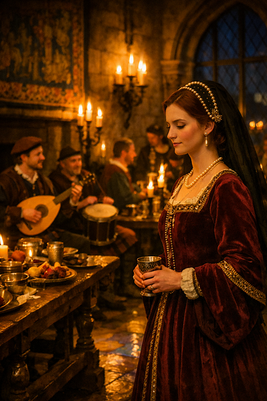 Tudor great hall evening feast with musicians and a lady-in-waiting observing