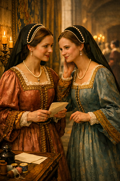 Two Tudor ladies-in-waiting speaking quietly in a palace corridor
