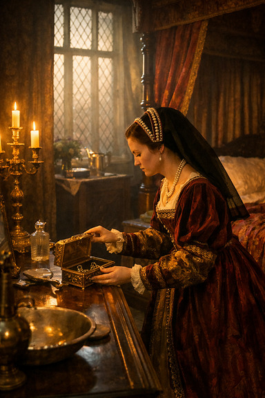 Tudor lady-in-waiting preparing the queen’s chamber at dawn