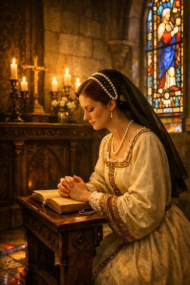 Tudor lady-in-waiting praying quietly in a small chapel with candles and stained-glass light