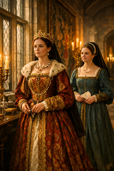 Tudor queen walking through palace corridor with lady-in-waiting following respectfully